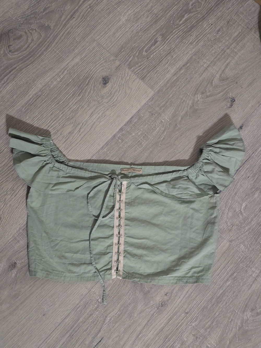 Zara Sage Green Off-Shoulder Hook-Front Crop Top